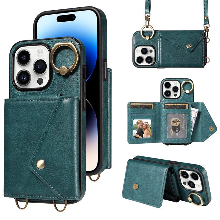 002 For iPhone 14 Pro Case Ring Holder Kickstand PU Leather Back Cover Litchi Texture Long Strap - Green