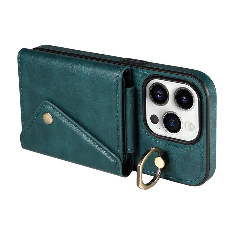 002 For iPhone 14 Pro Case Ring Holder Kickstand PU Leather Back Cover Litchi Texture Long Strap - Green