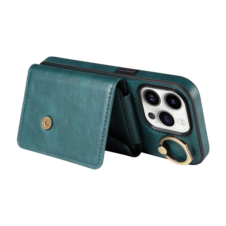 002 For iPhone 14 Pro Case Ring Holder Kickstand PU Leather Back Cover Litchi Texture Long Strap - Green
