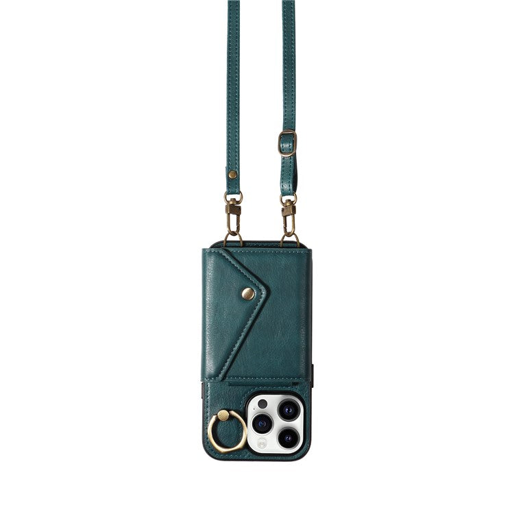 002 For iPhone 14 Pro Case Ring Holder Kickstand PU Leather Back Cover Litchi Texture Long Strap - Green