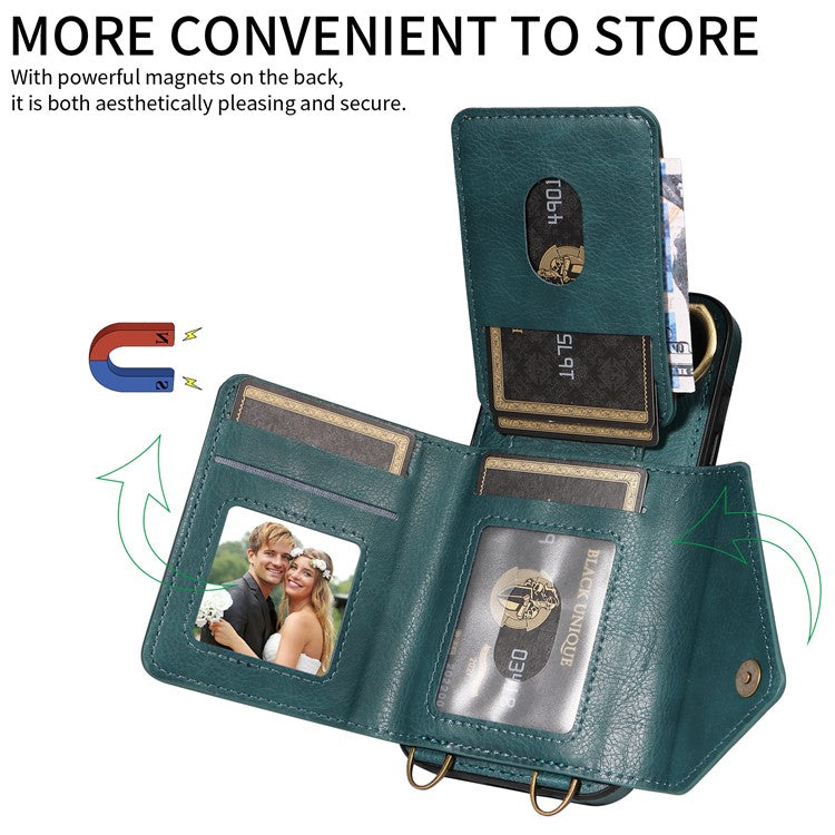 002 For iPhone 14 Pro Case Ring Holder Kickstand PU Leather Back Cover Litchi Texture Long Strap - Green