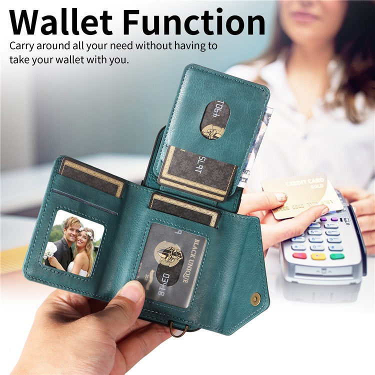 002 For iPhone 14 Pro Case Ring Holder Kickstand PU Leather Back Cover Litchi Texture Long Strap - Green