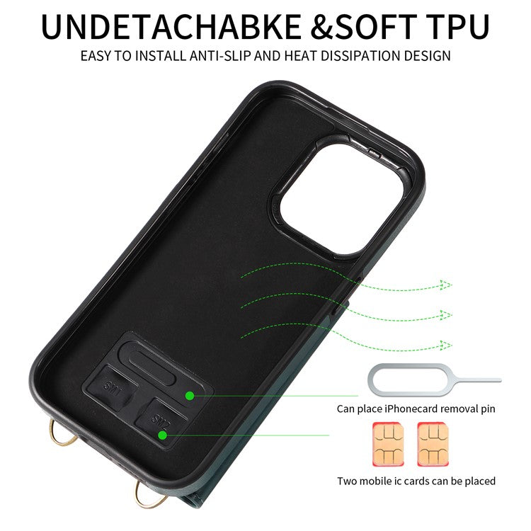 002 For iPhone 14 Pro Case Ring Holder Kickstand PU Leather Back Cover Litchi Texture Long Strap - Green