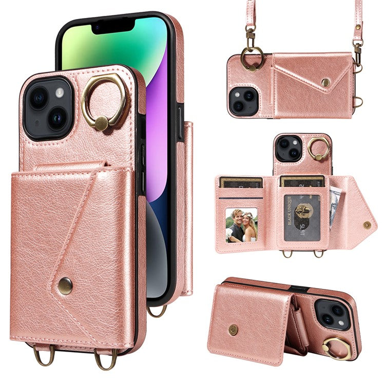 002 For iPhone 14 Case with Crossbody Shoulder Strap Leather Card Holder Back Phone Cover - Rose Gold