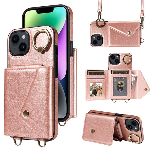 002 For iPhone 14 Case with Crossbody Shoulder Strap Leather Card Holder Back Phone Cover - Rose Gold