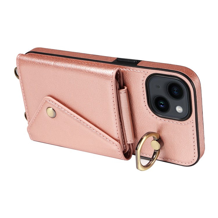 002 For iPhone 14 Case with Crossbody Shoulder Strap Leather Card Holder Back Phone Cover - Rose Gold