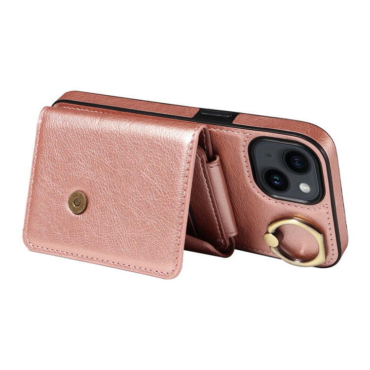 002 For iPhone 14 Case with Crossbody Shoulder Strap Leather Card Holder Back Phone Cover - Rose Gold