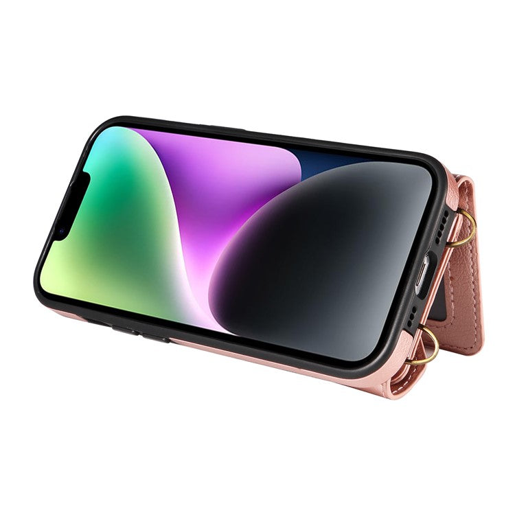 002 For iPhone 14 Case with Crossbody Shoulder Strap Leather Card Holder Back Phone Cover - Rose Gold