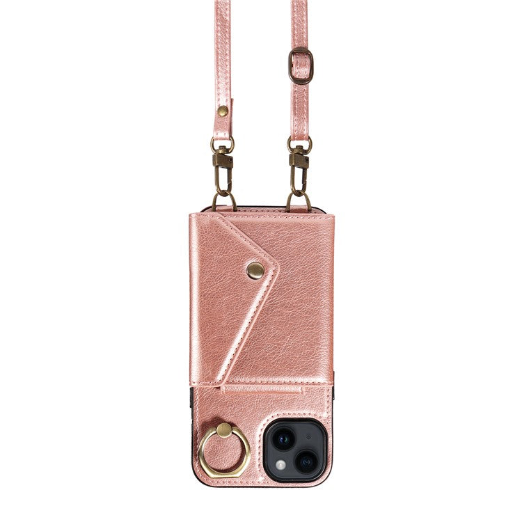 002 For iPhone 14 Case with Crossbody Shoulder Strap Leather Card Holder Back Phone Cover - Rose Gold