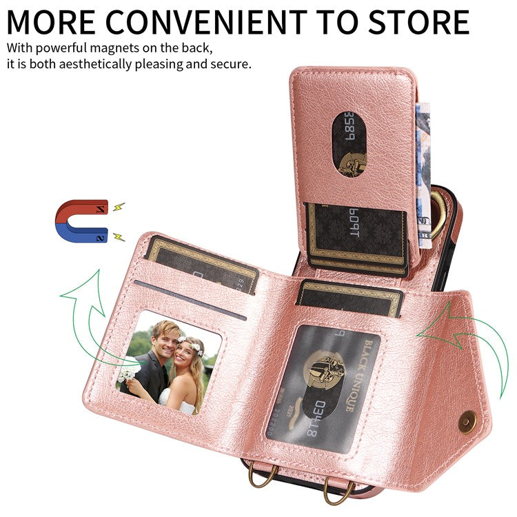 002 For iPhone 14 Case with Crossbody Shoulder Strap Leather Card Holder Back Phone Cover - Rose Gold