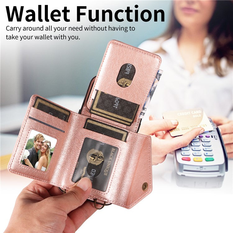 002 For iPhone 14 Case with Crossbody Shoulder Strap Leather Card Holder Back Phone Cover - Rose Gold