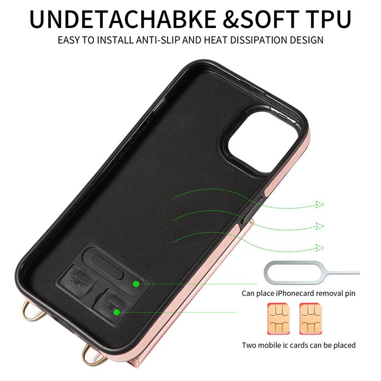 002 For iPhone 14 Case with Crossbody Shoulder Strap Leather Card Holder Back Phone Cover - Rose Gold