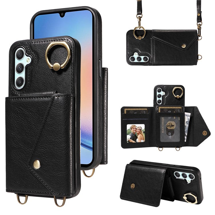 002 For Samsung Galaxy A05 4G Case Card Holder Leather Crossbody Back Cover Anti-Drop Ring Holder - Black