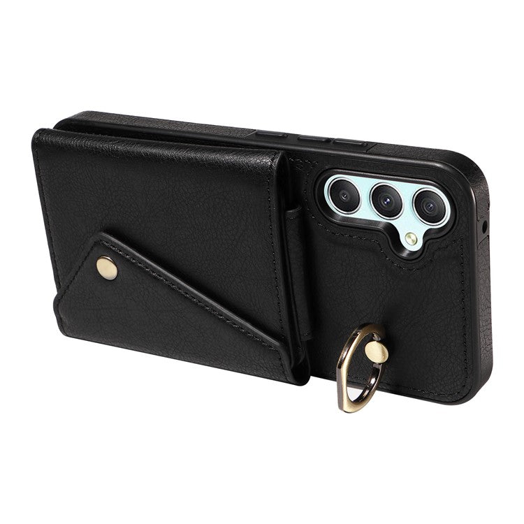 002 For Samsung Galaxy A05 4G Case Card Holder Leather Crossbody Back Cover Anti-Drop Ring Holder - Black