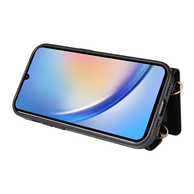 002 For Samsung Galaxy A05 4G Case Card Holder Leather Crossbody Back Cover Anti-Drop Ring Holder - Black