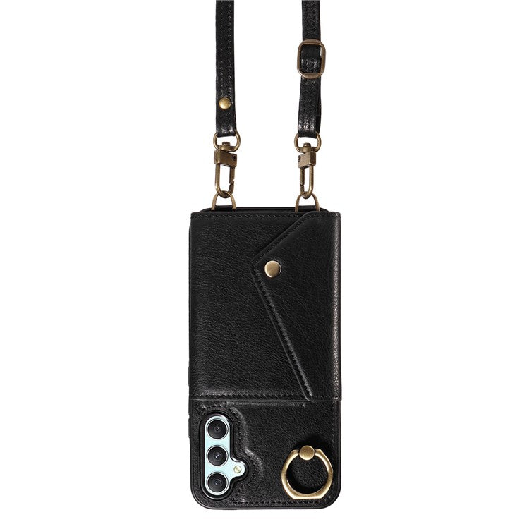 002 For Samsung Galaxy A05 4G Case Card Holder Leather Crossbody Back Cover Anti-Drop Ring Holder - Black