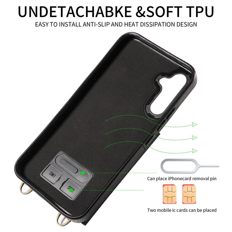 002 For Samsung Galaxy A05 4G Case Card Holder Leather Crossbody Back Cover Anti-Drop Ring Holder - Black