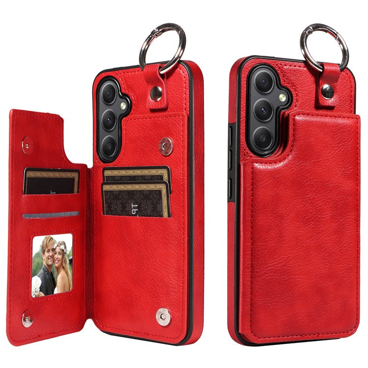 003 For Samsung Galaxy A34 5G Case Card Holder Kickstand Leather Back Cover Ring Buckle - Red