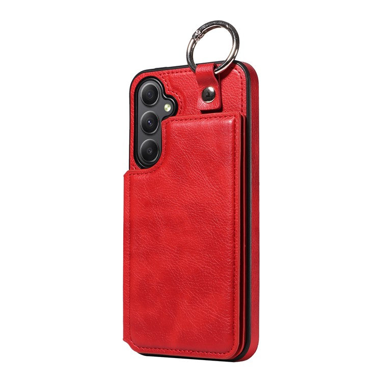 003 For Samsung Galaxy A34 5G Case Card Holder Kickstand Leather Back Cover Ring Buckle - Red