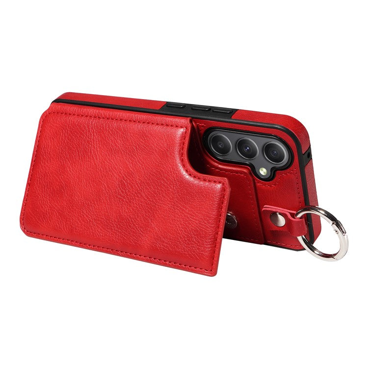 003 For Samsung Galaxy A34 5G Case Card Holder Kickstand Leather Back Cover Ring Buckle - Red