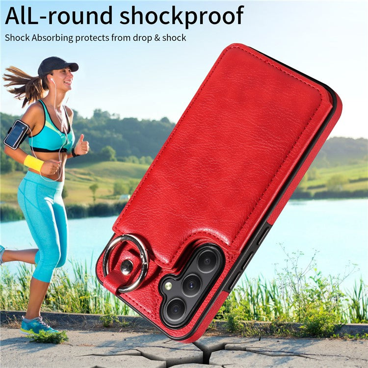 003 For Samsung Galaxy A34 5G Case Card Holder Kickstand Leather Back Cover Ring Buckle - Red