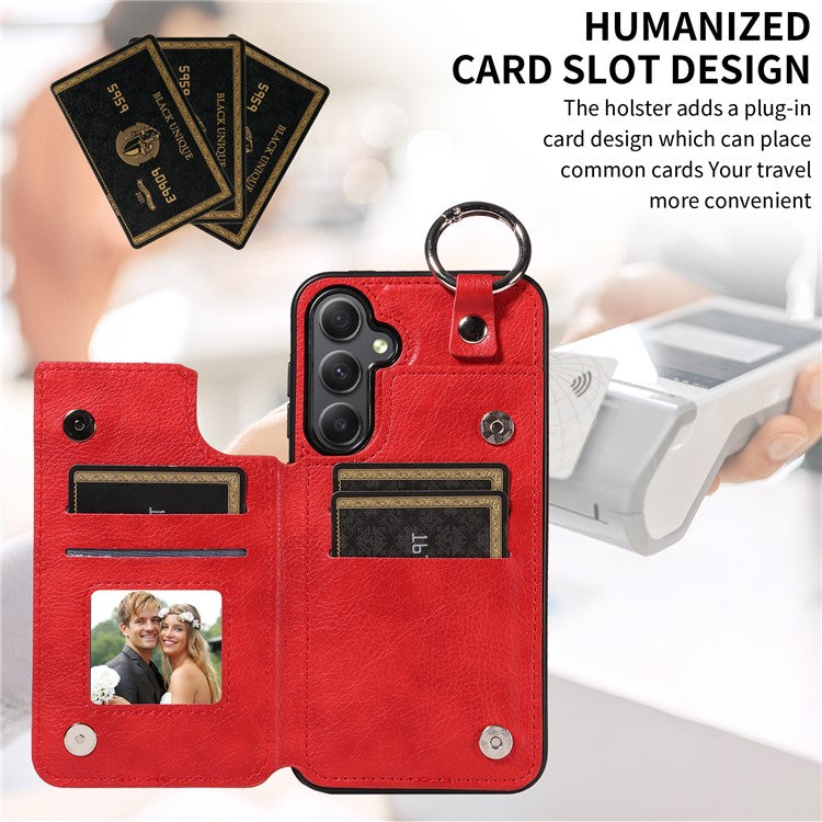 003 For Samsung Galaxy A34 5G Case Card Holder Kickstand Leather Back Cover Ring Buckle - Red