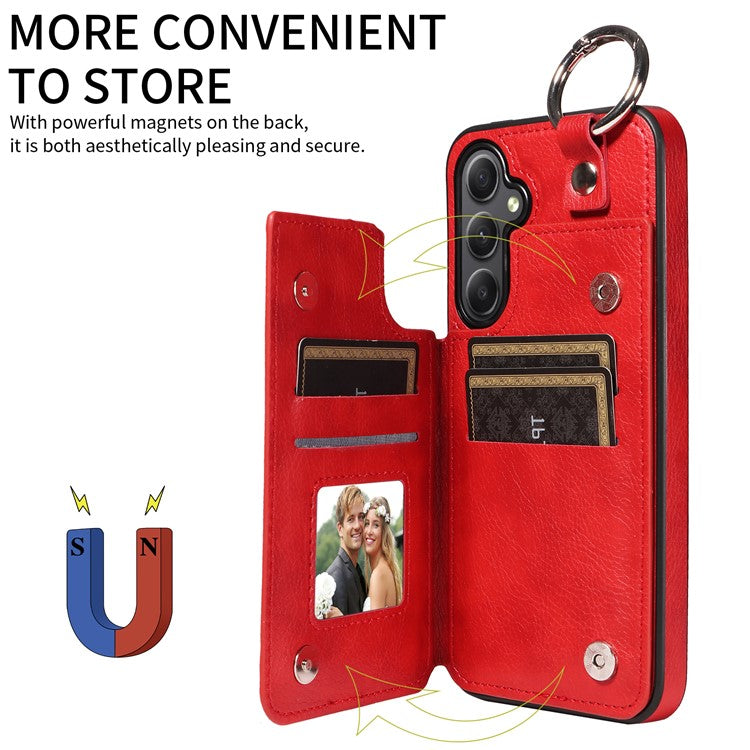 003 For Samsung Galaxy A34 5G Case Card Holder Kickstand Leather Back Cover Ring Buckle - Red