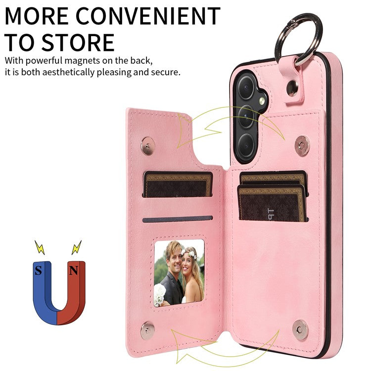 003 For Samsung Galaxy A54 5G Case Anti-Drop Ring Buckle Leather Back Cover Card Holder - Pink
