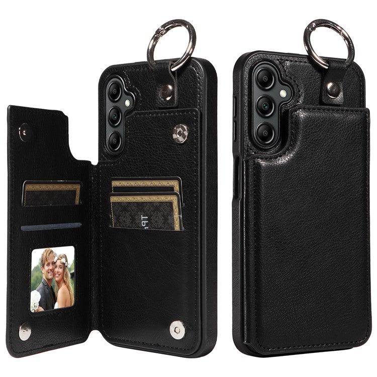 003 For Samsung Galaxy A14 4G / 5G Case with Card Holder Ring Buckle Protective Leather Back Cover - Black