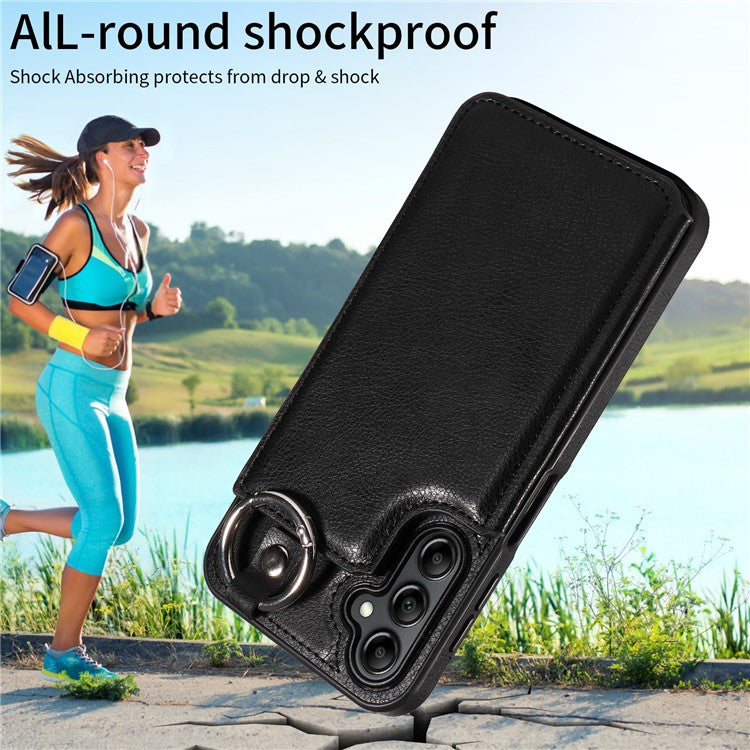003 For Samsung Galaxy A14 4G / 5G Case with Card Holder Ring Buckle Protective Leather Back Cover - Black