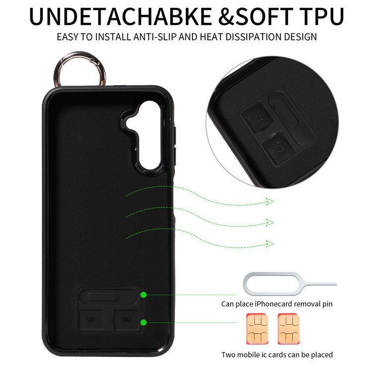 003 For Samsung Galaxy A14 4G / 5G Case with Card Holder Ring Buckle Protective Leather Back Cover - Black