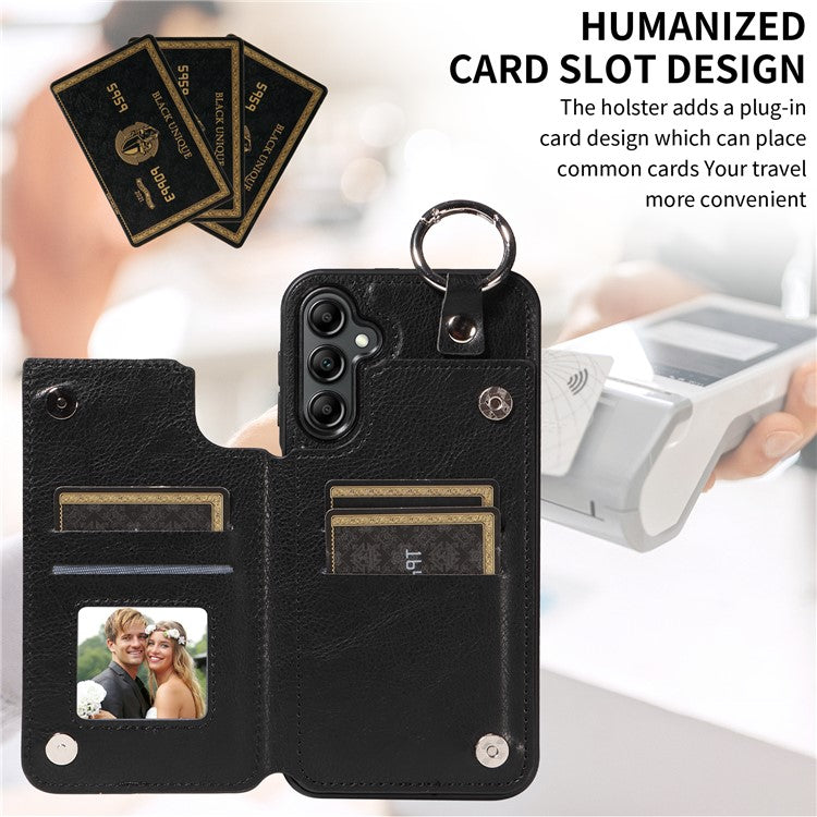 003 For Samsung Galaxy A14 4G / 5G Case with Card Holder Ring Buckle Protective Leather Back Cover - Black
