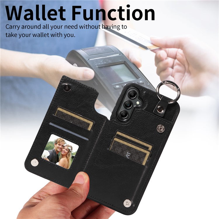 003 For Samsung Galaxy A14 4G / 5G Case with Card Holder Ring Buckle Protective Leather Back Cover - Black