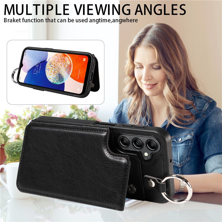 003 For Samsung Galaxy A14 4G / 5G Case with Card Holder Ring Buckle Protective Leather Back Cover - Black