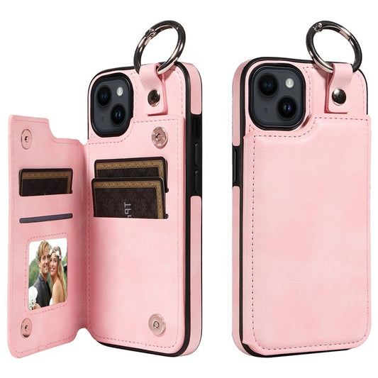 003 For iPhone 14 Case Anti-Drop Ring Buckle PU Leather + TPU Phone Cover Litchi Texture - Pink