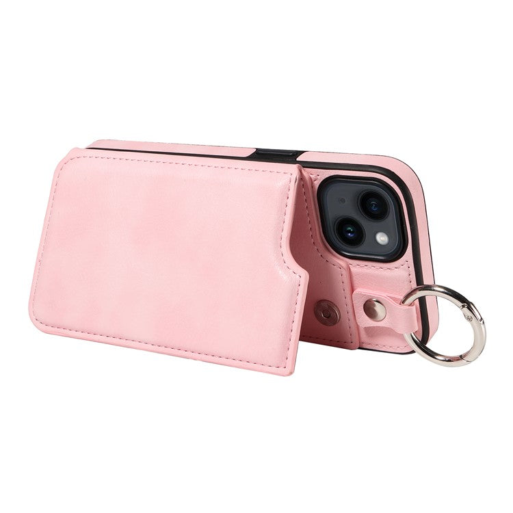 003 For iPhone 14 Case Anti-Drop Ring Buckle PU Leather + TPU Phone Cover Litchi Texture - Pink