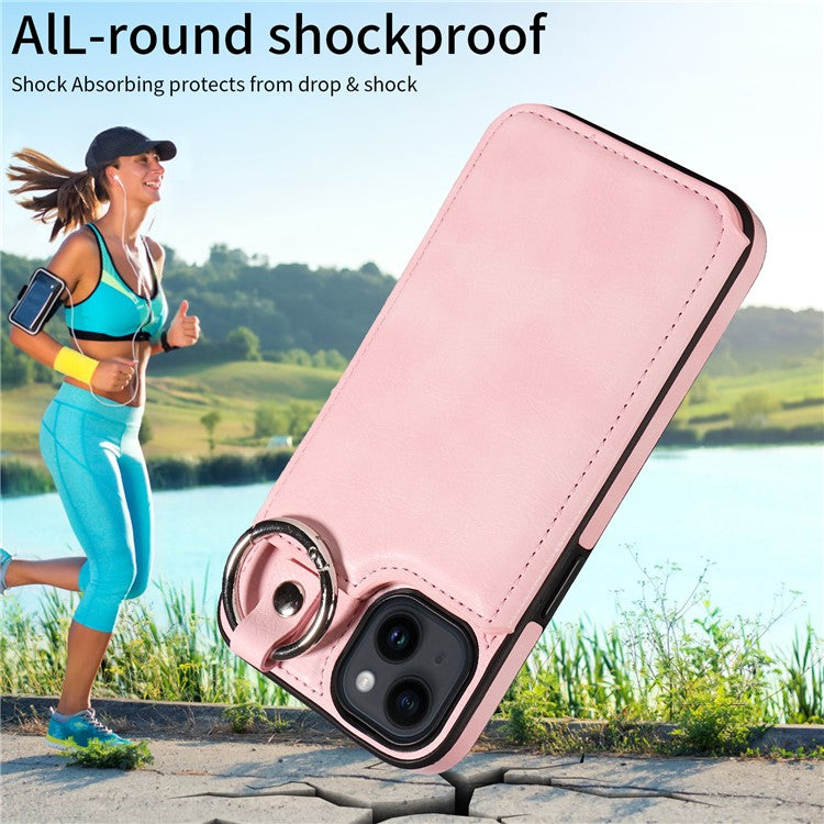 003 For iPhone 14 Case Anti-Drop Ring Buckle PU Leather + TPU Phone Cover Litchi Texture - Pink
