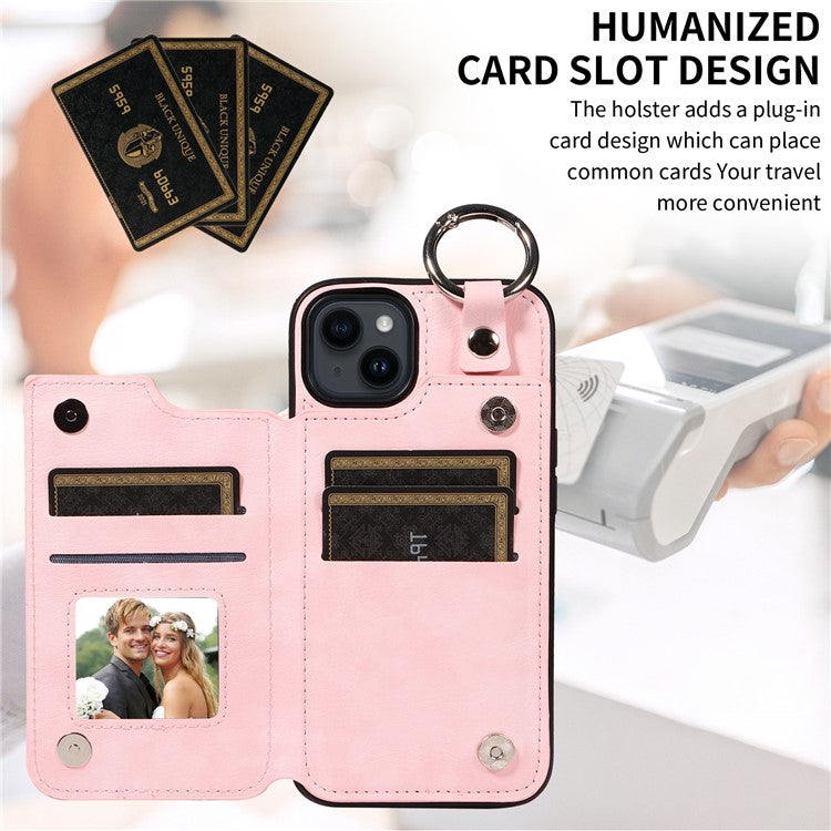 003 For iPhone 14 Case Anti-Drop Ring Buckle PU Leather + TPU Phone Cover Litchi Texture - Pink