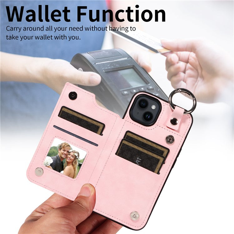 003 For iPhone 14 Case Anti-Drop Ring Buckle PU Leather + TPU Phone Cover Litchi Texture - Pink