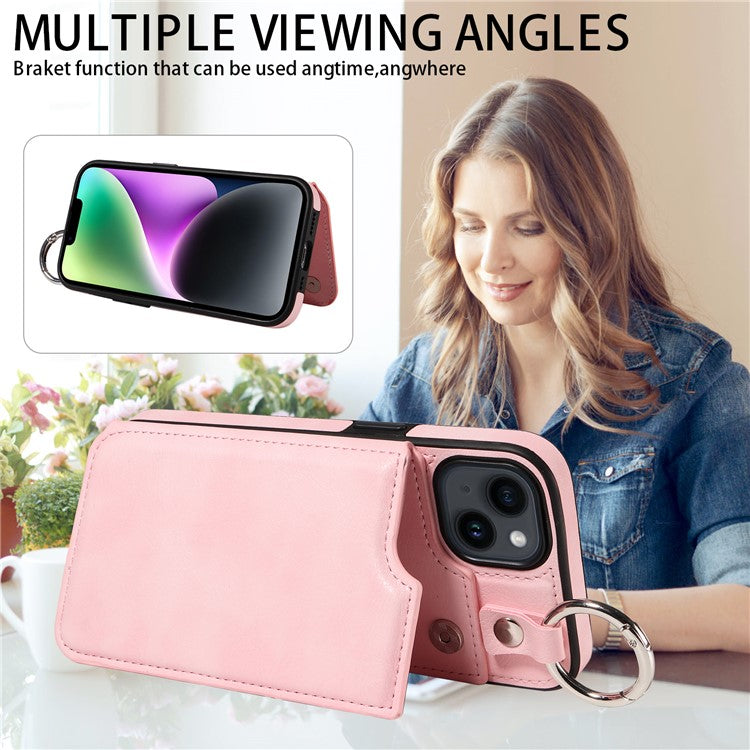 003 For iPhone 14 Case Anti-Drop Ring Buckle PU Leather + TPU Phone Cover Litchi Texture - Pink