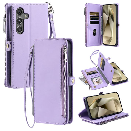 015 Style For Samsung Galaxy A55 5G Shockproof Case with Straps Leather Wallet Phone Cover - Purple