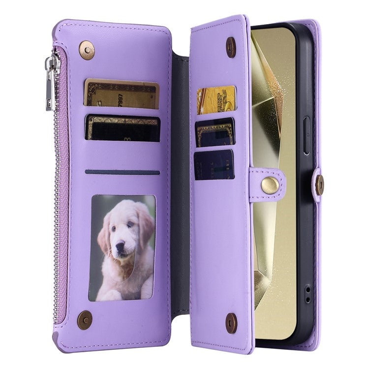 015 Style For Samsung Galaxy A55 5G Shockproof Case with Straps Leather Wallet Phone Cover - Purple