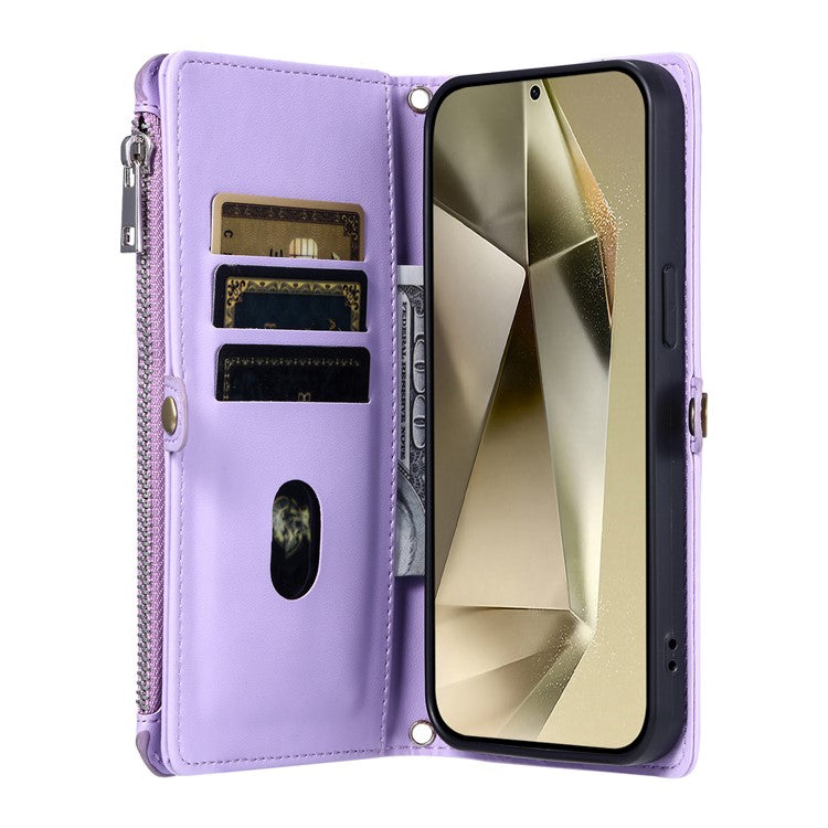 015 Style For Samsung Galaxy A55 5G Shockproof Case with Straps Leather Wallet Phone Cover - Purple