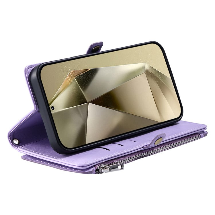 015 Style For Samsung Galaxy A55 5G Shockproof Case with Straps Leather Wallet Phone Cover - Purple