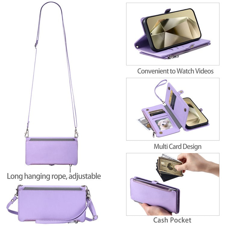 015 Style For Samsung Galaxy A55 5G Shockproof Case with Straps Leather Wallet Phone Cover - Purple