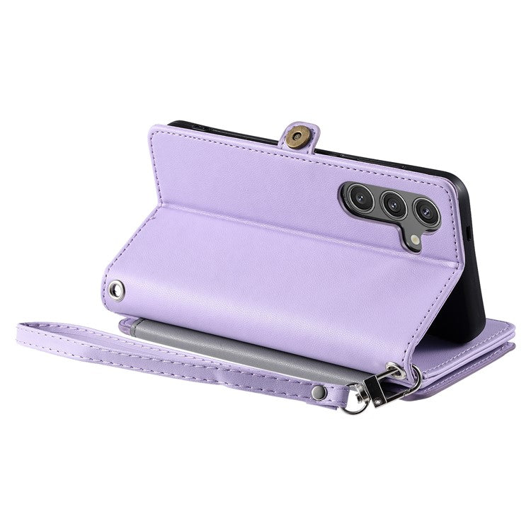 015 Style For Samsung Galaxy A55 5G Shockproof Case with Straps Leather Wallet Phone Cover - Purple