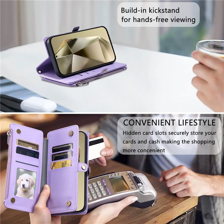 015 Style For Samsung Galaxy A55 5G Shockproof Case with Straps Leather Wallet Phone Cover - Purple
