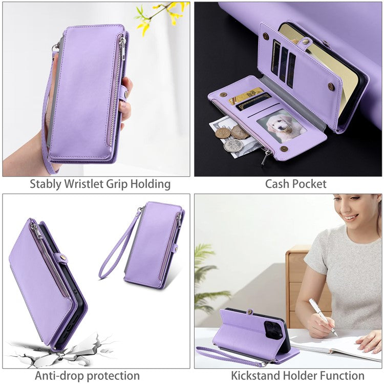 015 Style For Samsung Galaxy A55 5G Shockproof Case with Straps Leather Wallet Phone Cover - Purple