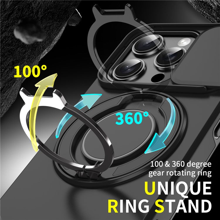 For iPhone 14 Pro Max Magnetic Phone Case Slide Lens Protection Ring Kickstand TPU+PC Cover - Black