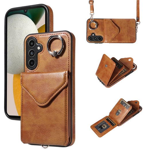 005 For Samsung Galaxy A15 5G Case PU Leather Crossbody Back Cover Finger Ring Holder - Brown